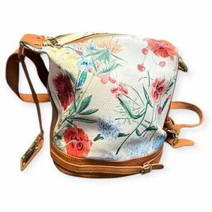 VALENTINA Women’s Multicolor Floral Leather Bucket Bag Tan Trim